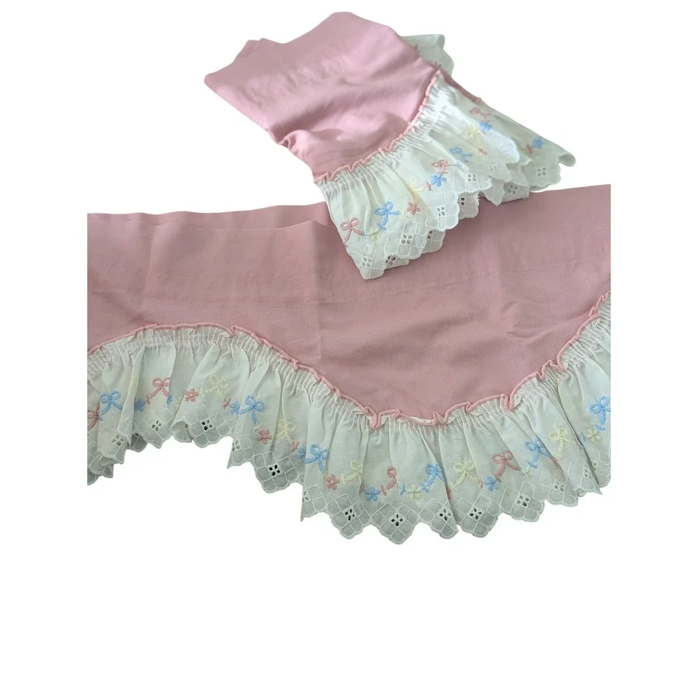 Vintage Pink Embroidered Bow Floral‎ Eyelet Valances Curtains 60 inch Wide
