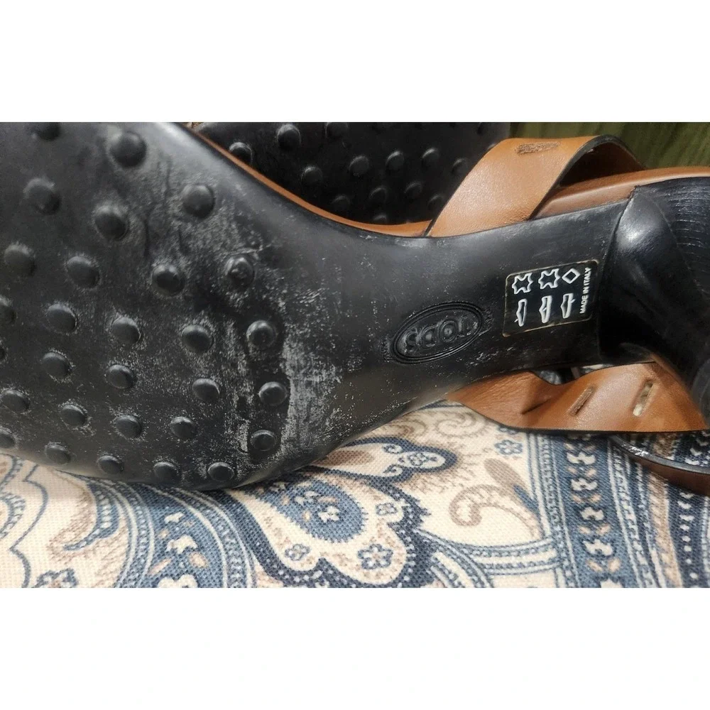 Tods Brown Leather Perforated Buckle Ankle Strap Heels Sandals Made in Italy‎ 39