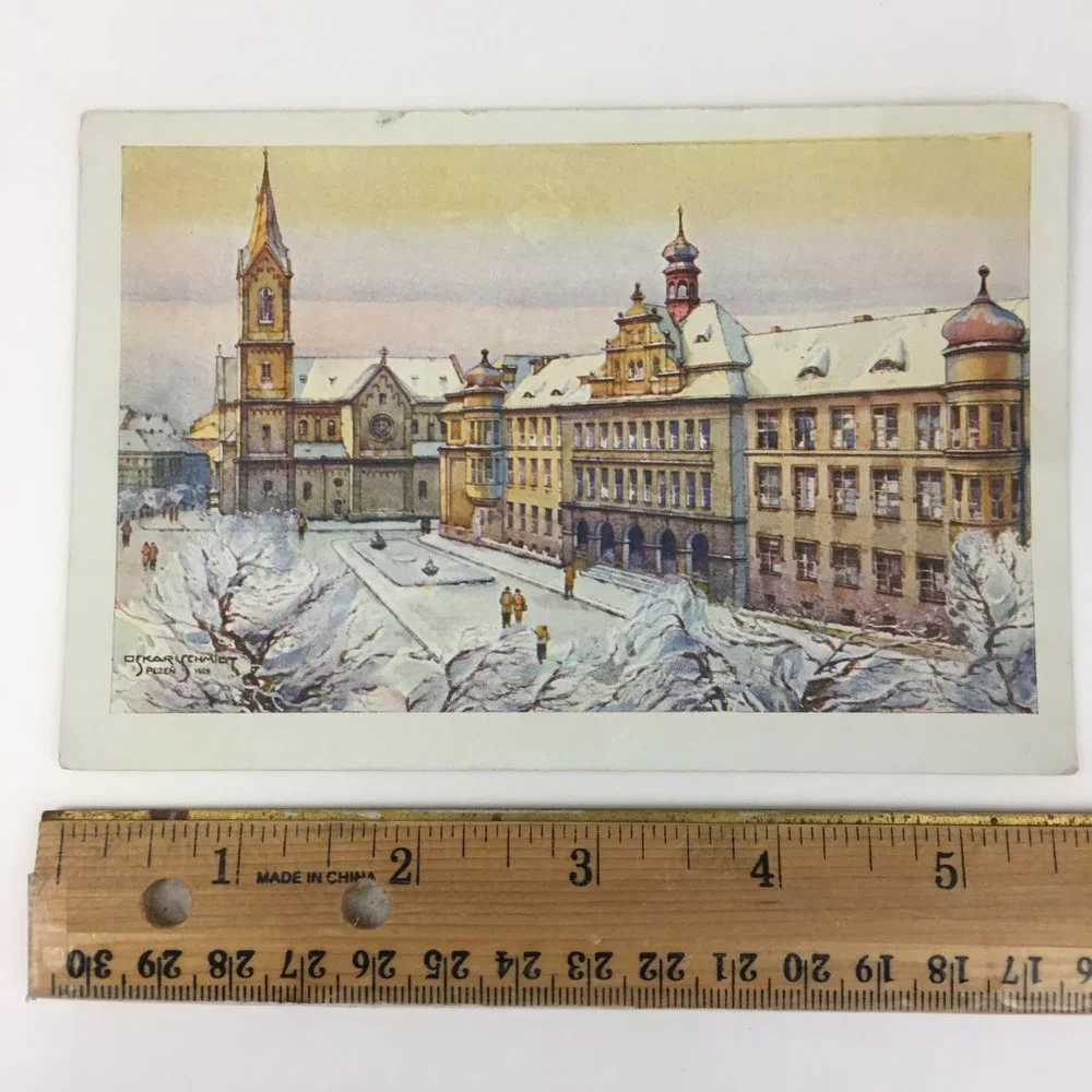3 Vtg Unused Postcards Oskar Schmidt Plzen Mestske divadlo Winter Christmas READ