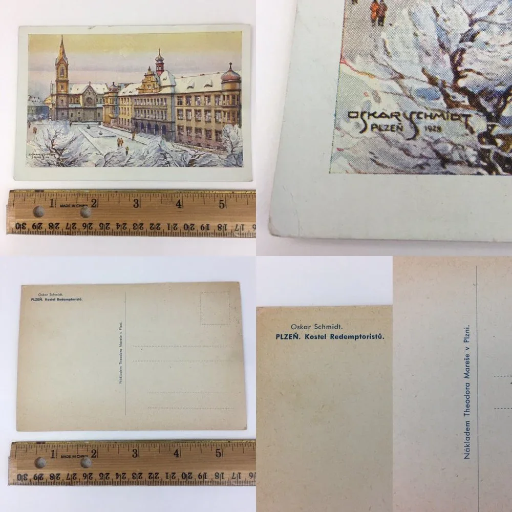 3 Vtg Unused Postcards Oskar Schmidt Plzen Mestske divadlo Winter Christmas READ