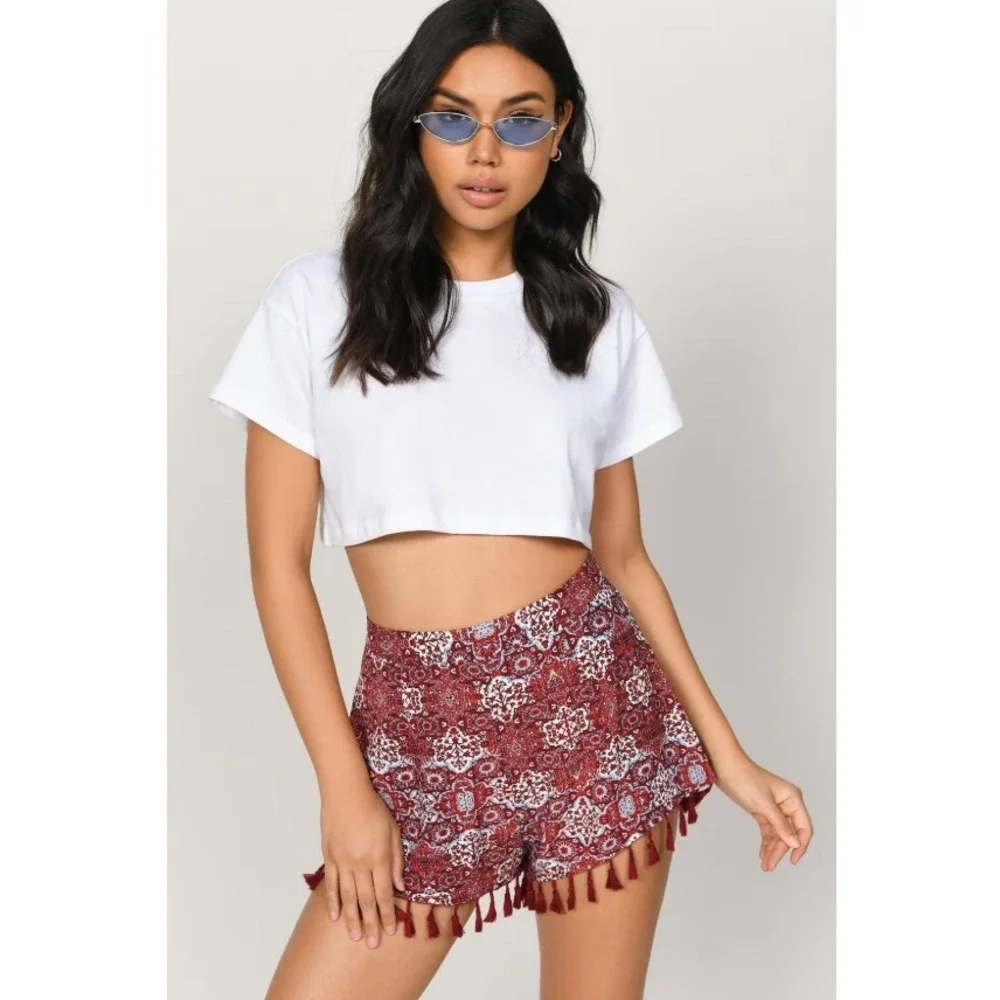 Tobi Womens Lana Tassel Shorts Medium Red Blue July 4th Bohoemian