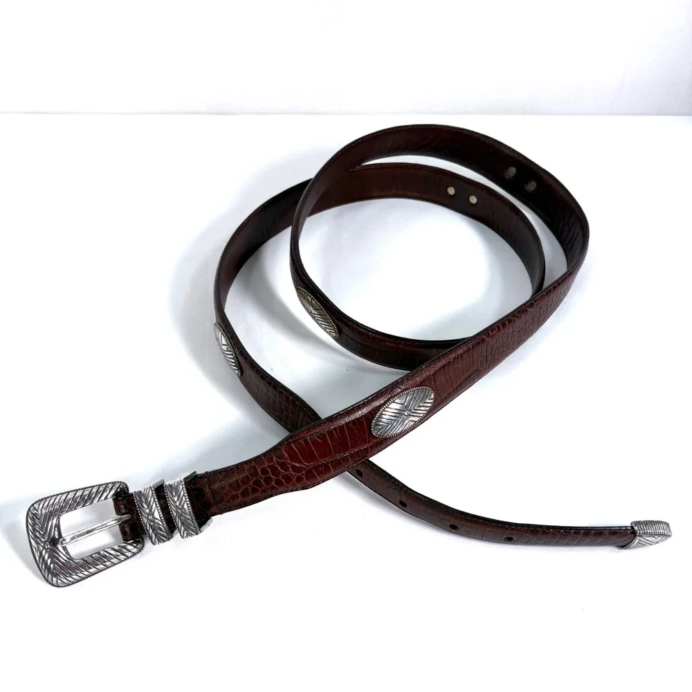 Roundtree & Yorke Belt Brown Croc Embossed Leather Western Silver Hardware 56