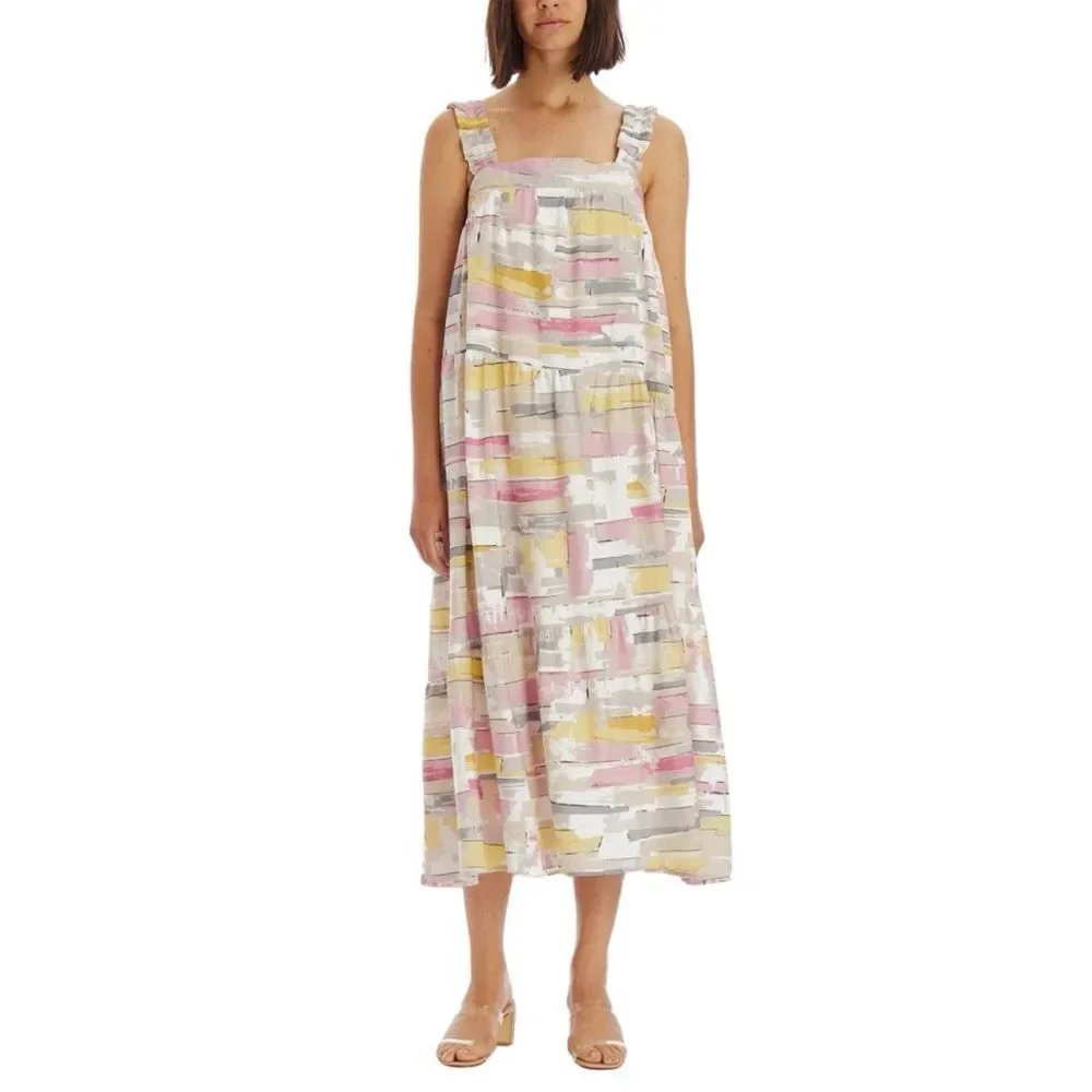 Moon River Abstract Tiered Maxi Dress Medium NWT Pink Yellow Boho Garden Party