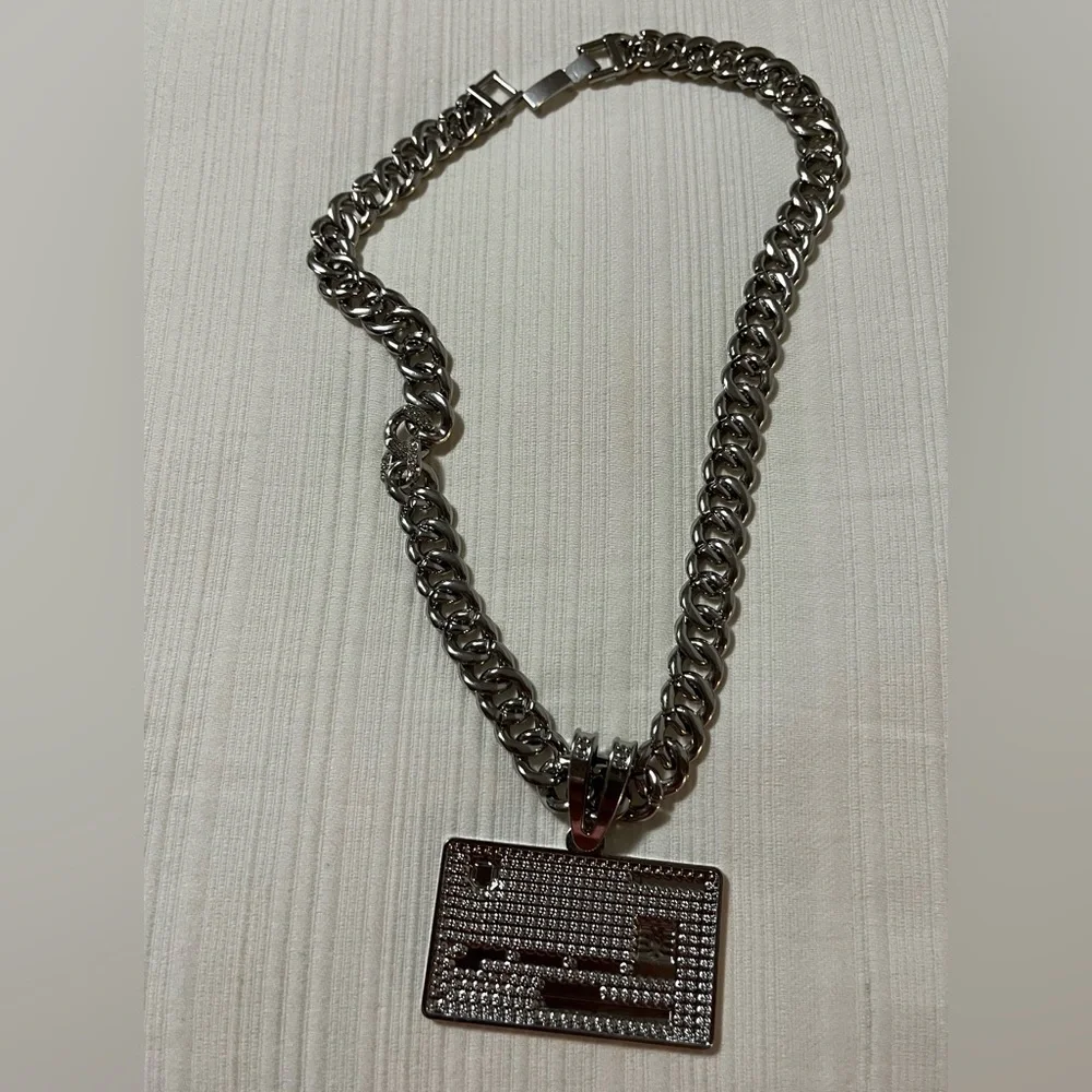 Iced Out Credit Card Pendant & Heavy Cuban Link Chain Necklace - Silver Tone
