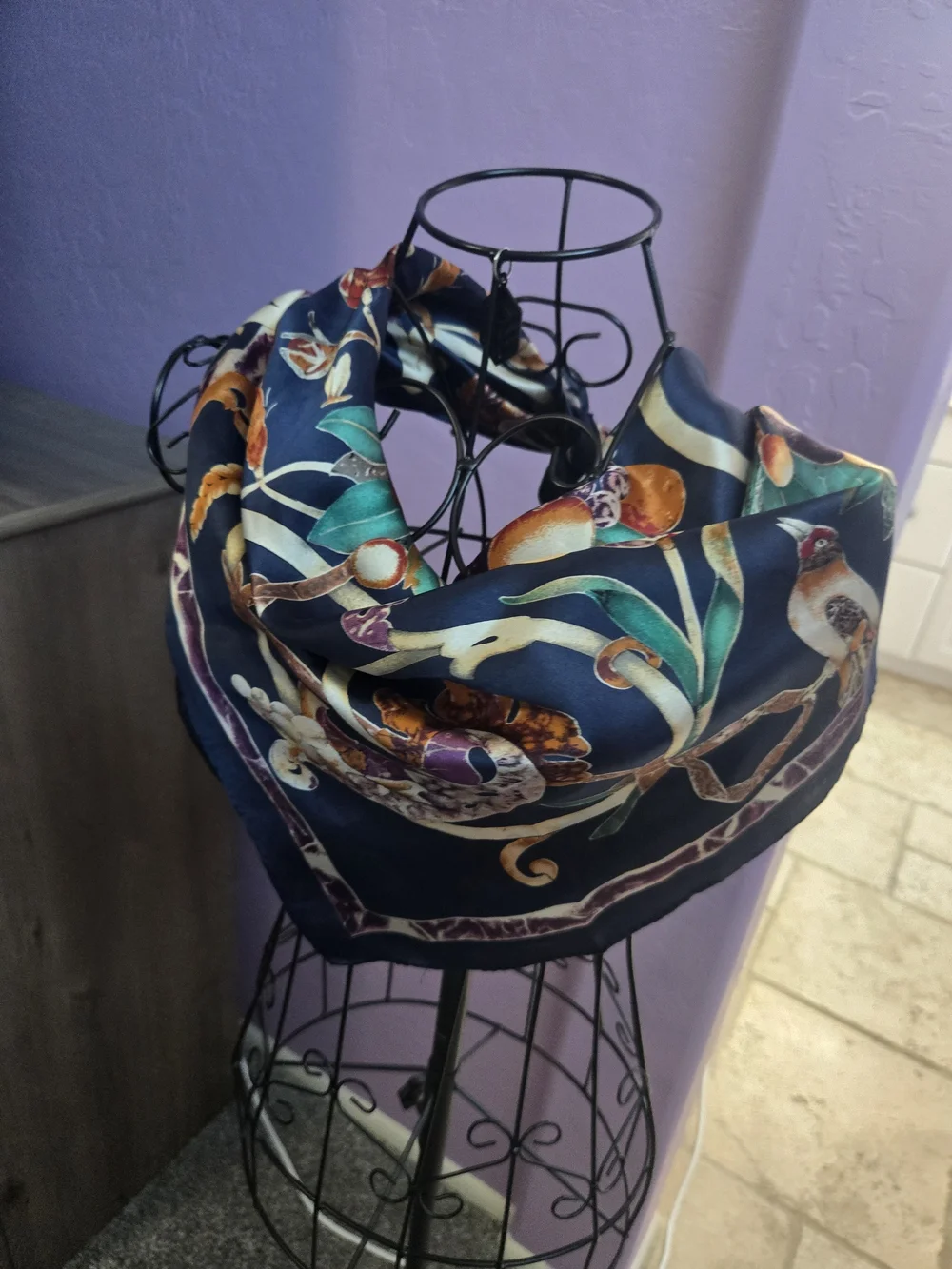 Anne Klein Navy Multicolor Printed Silk-Feel Scarf