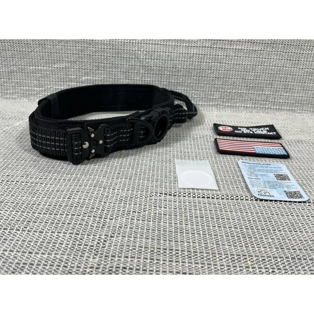 Profavo XL Tactical AirTag Dog Collar Black 2 Hook/Loop Rubber Patches