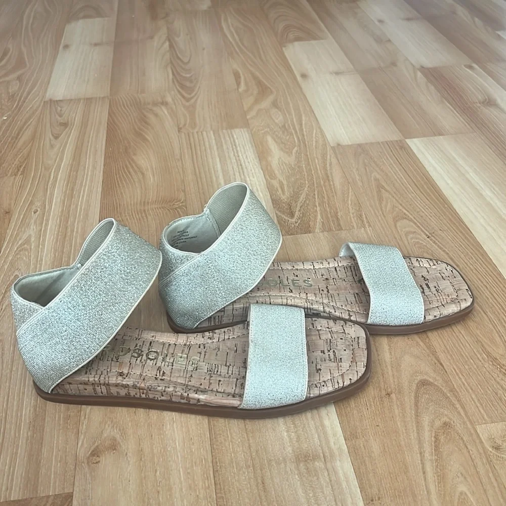 Aerosoles Gold & Silver Glitter Elastic Ankle Strap Cork Flat Sandals Womens 9M