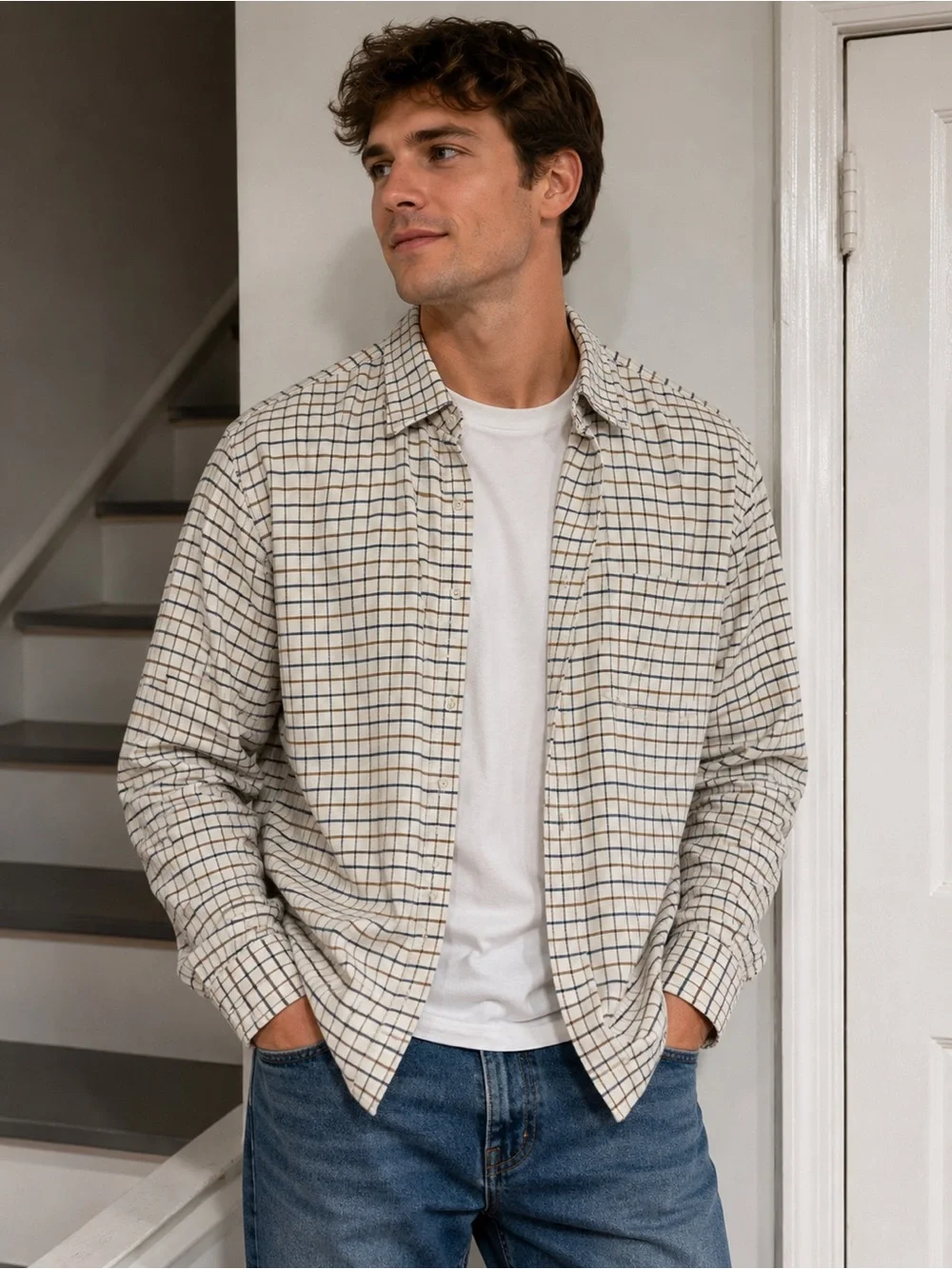 J. Crew Cream and Navy Plaid Button Down Men’s XL