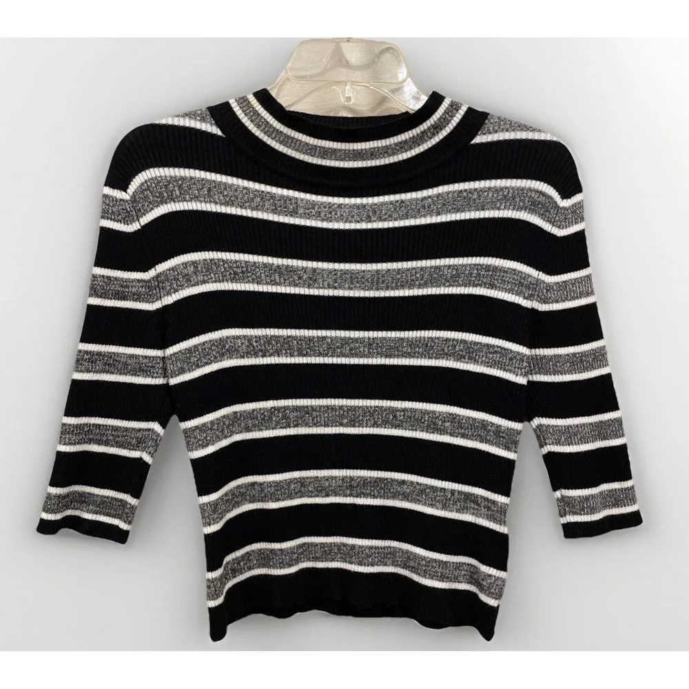 The Slope 3/4 Sleeve Black‎ Striped Cropped Pullover Sweater Women's Size Large