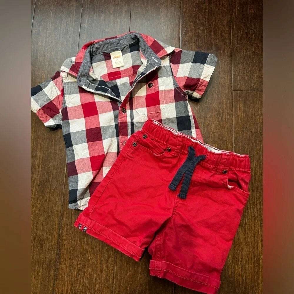 Gymboree American Cutie Gingham Button Up Shirt and Cuff Pull on Shorts