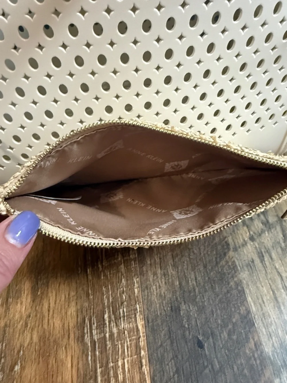 Anne Klein Perforated Tote White w/Tortoise Acrylic Handles Gold Hardware