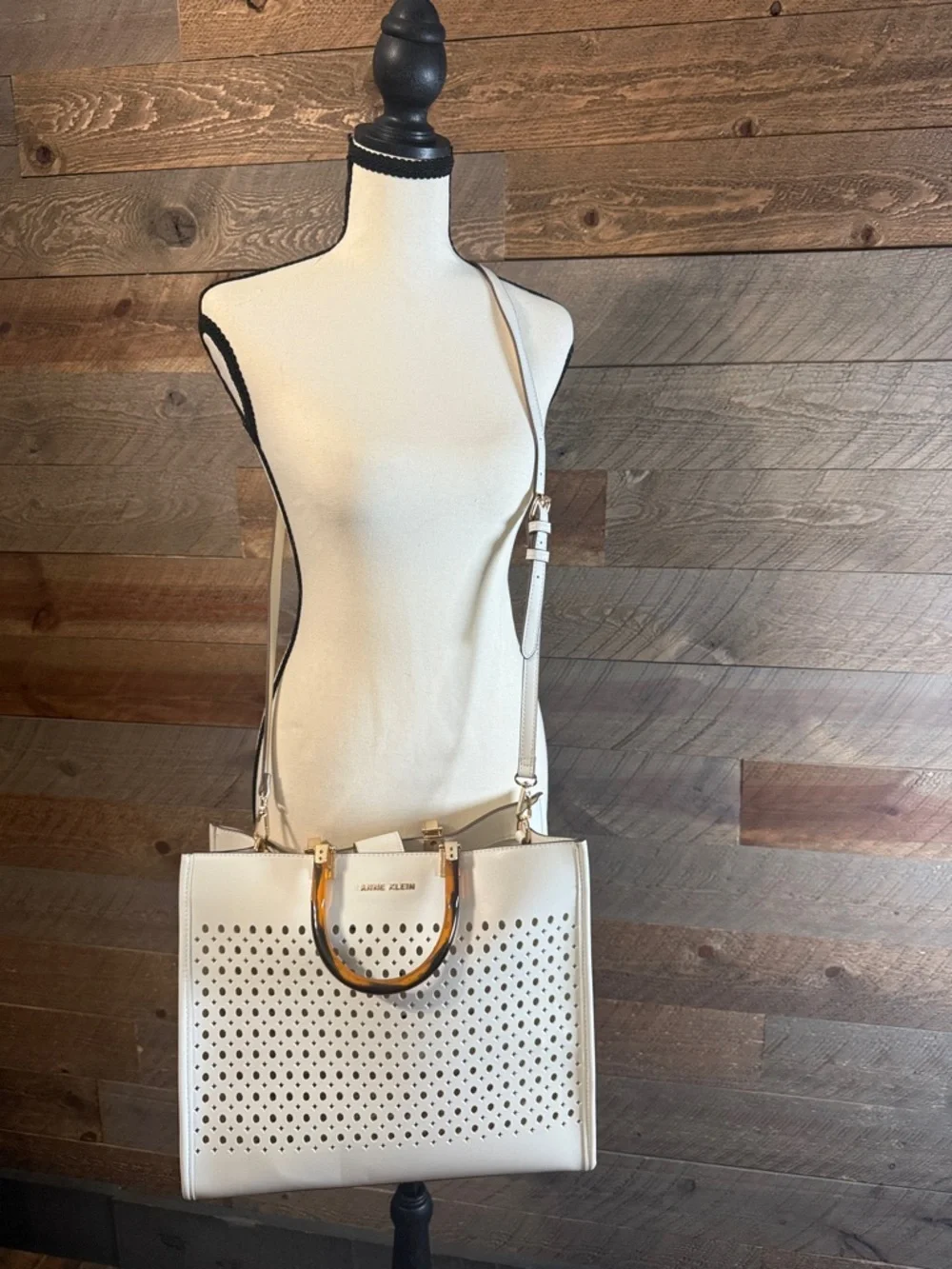 Anne Klein Perforated Tote White w/Tortoise Acrylic Handles Gold Hardware