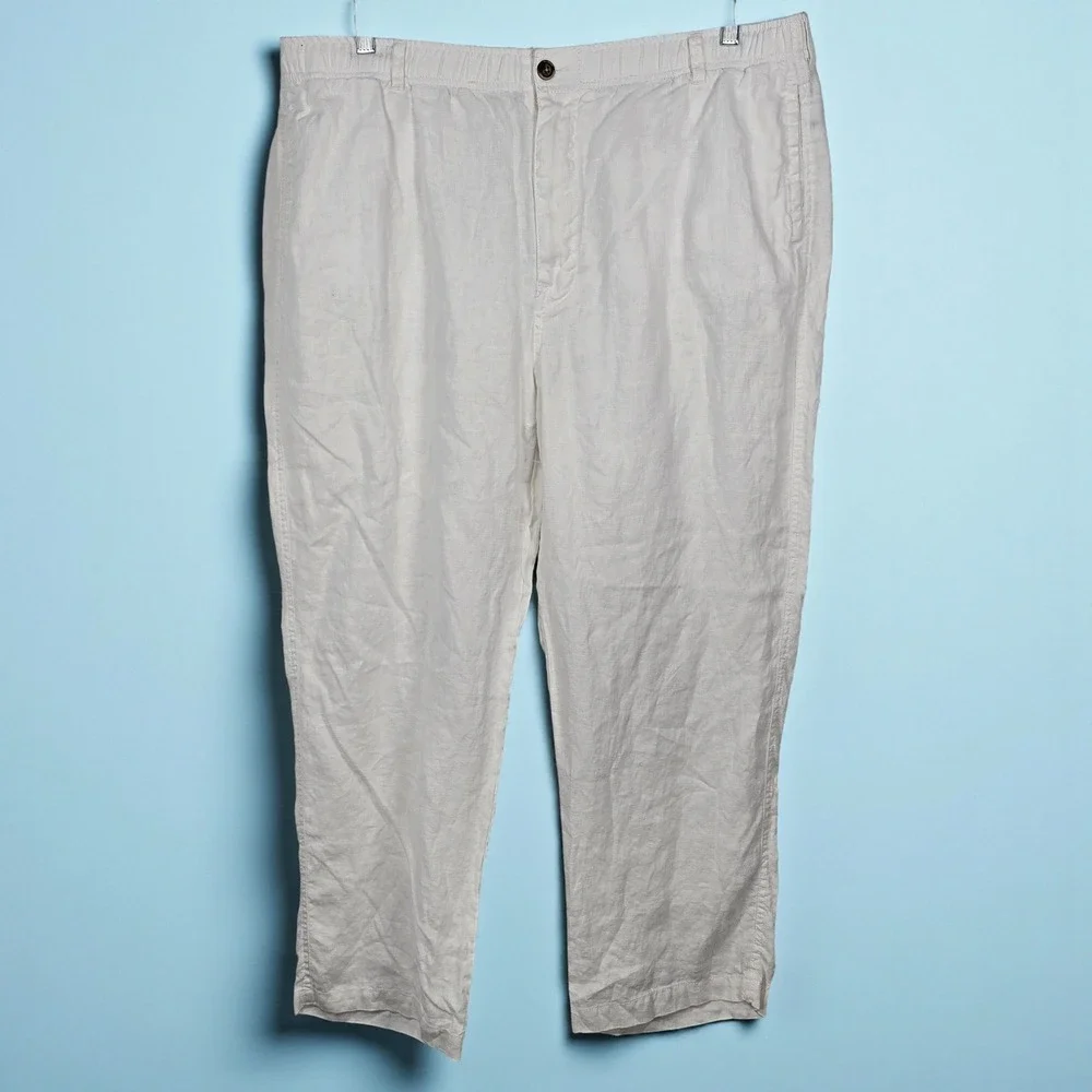28 Palms White 100% Linen Pants Men XXL Flat Front Elastic Waist Casual Trousers