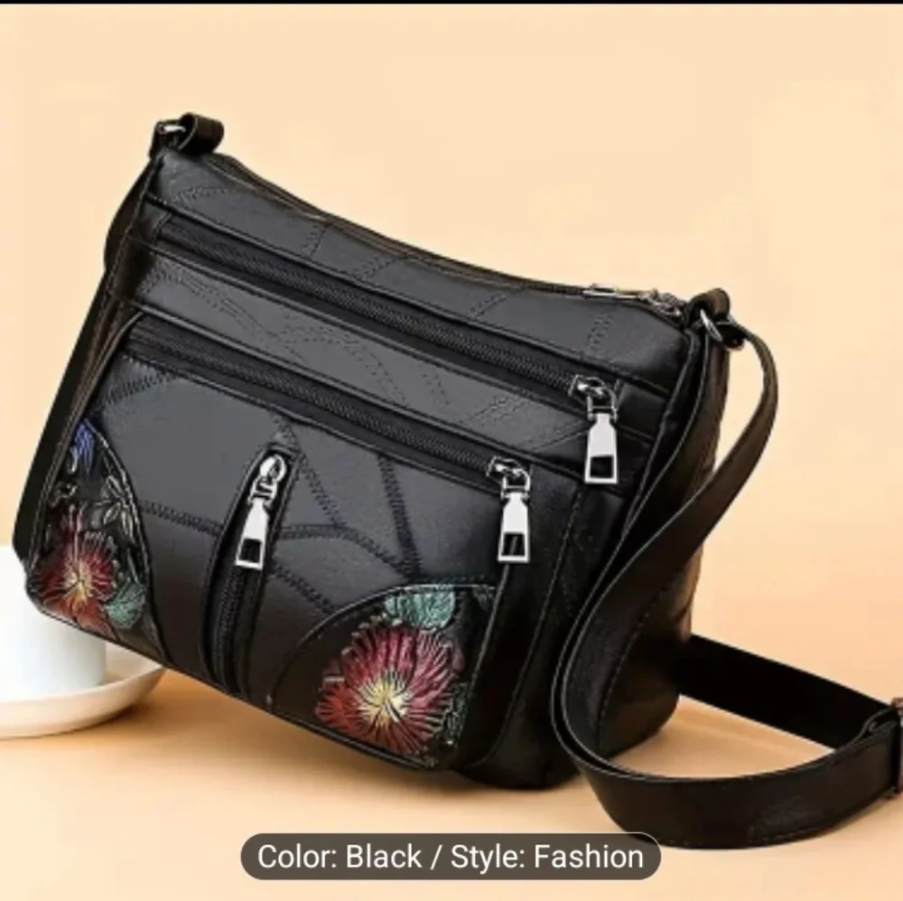 Black Leather Handbag CrossBody‎ Bag Hand Painted Black Shoulder New Z6