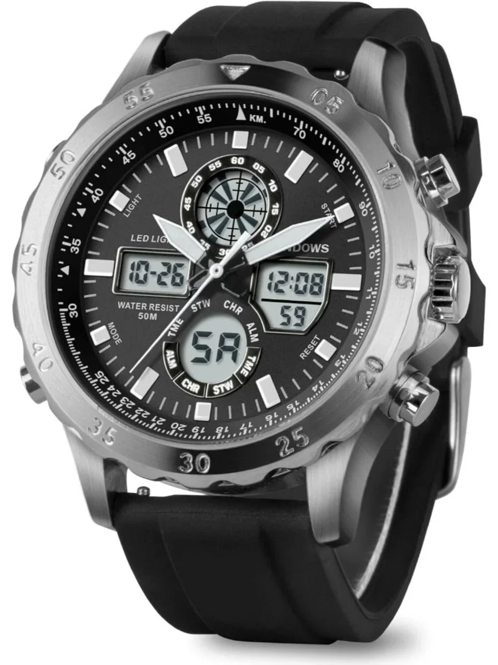 Men's Silver Analog Quartz Waterproof Military Multifunctional LED Digital Watch