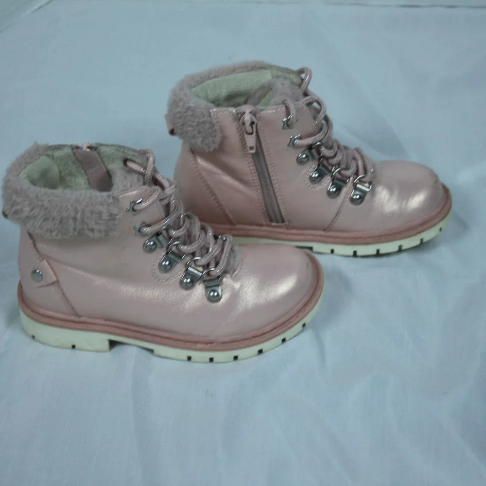 Dream Pairs Kids Girls Pink Metallic Lace Up Fur‎ Trim Winter Boots Size 10