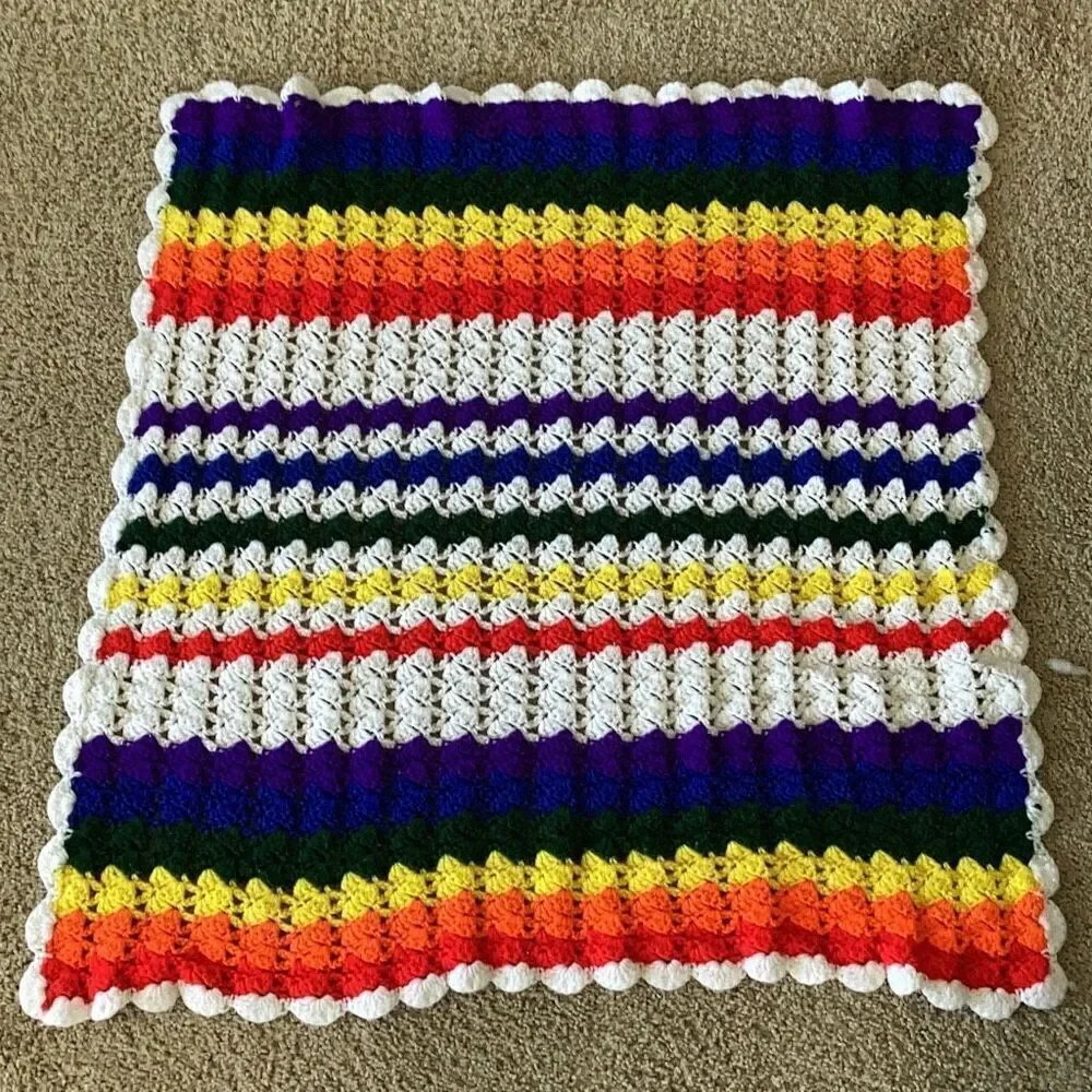 Vintage Handmade Rainbow Pride Crochet Afghan Blanket 36” X 36” Cottage Core