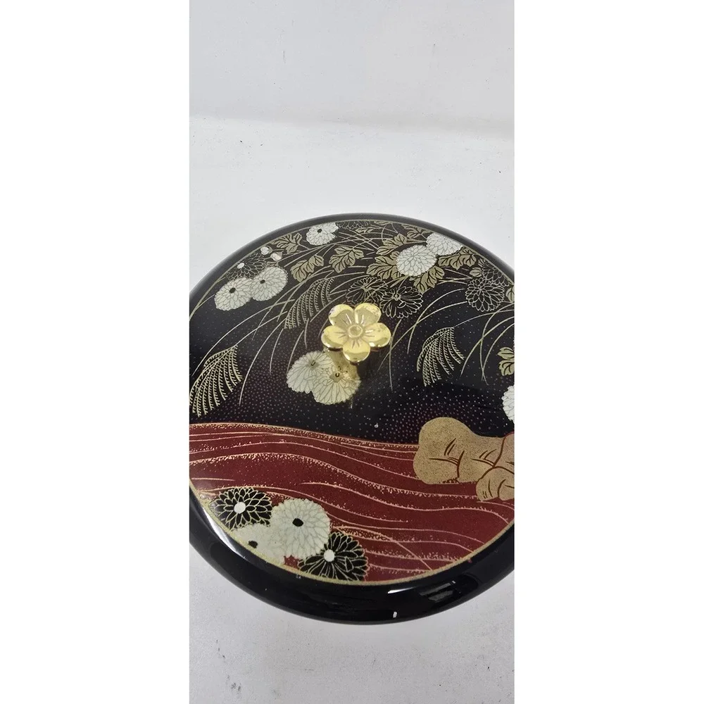 Vtg Japanese Maki-e Lacquer trinket box black round lidded floral