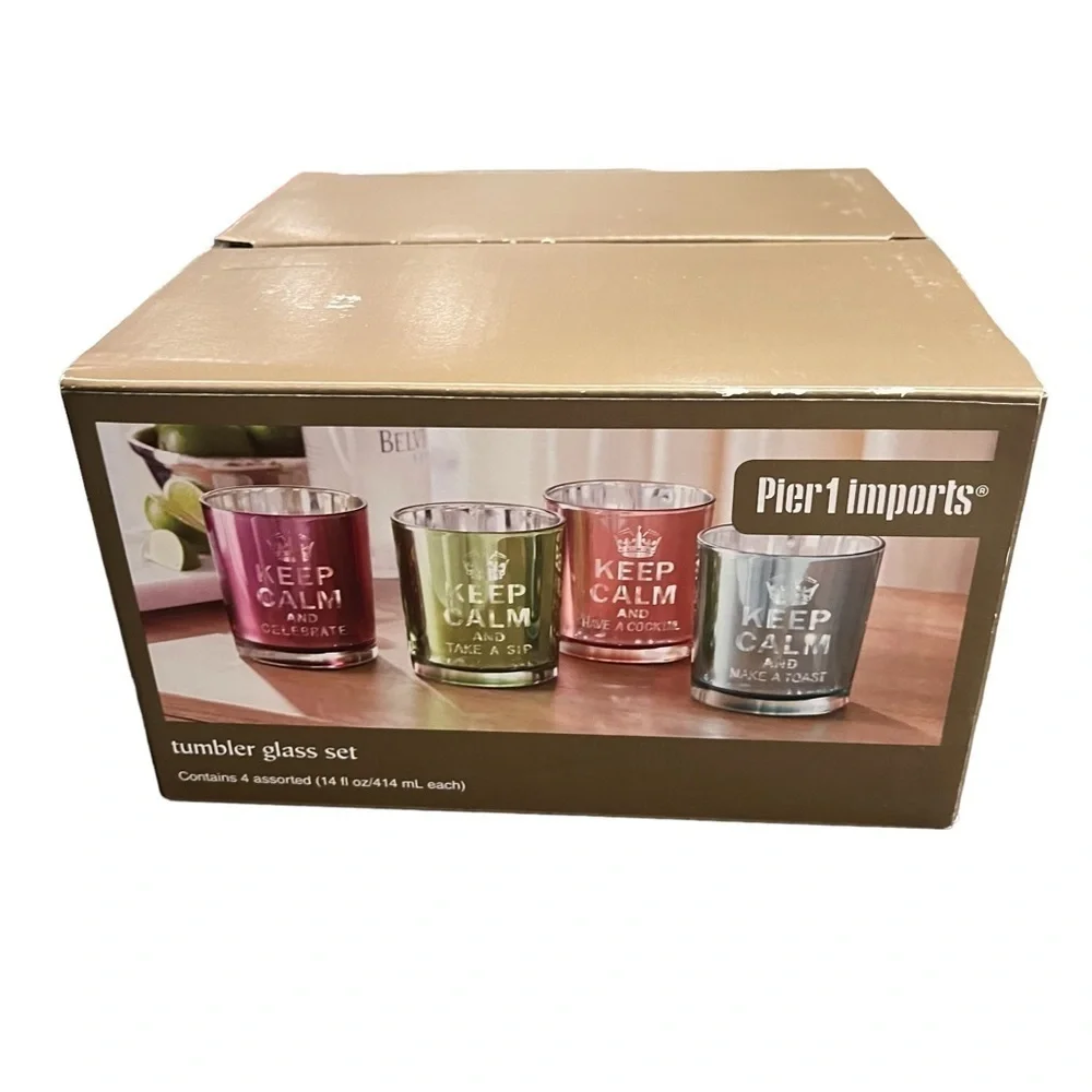 Pier 1 NOS Keep Calm Iridescent Keep Calm Tumblers Festive Fun