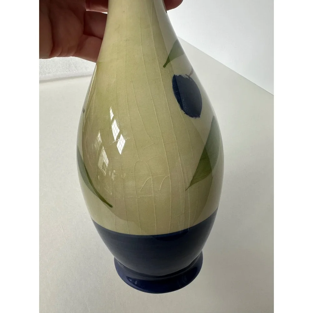 Ceramica AM Italy Hand Decorated Olive Branch Ceramic Vase Blue Cream 10 Inch