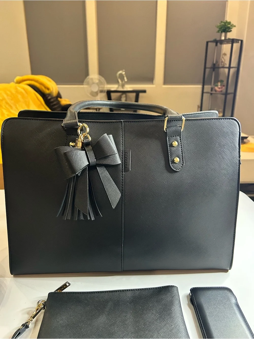 Black-Women's Laptop Tote Bag with Bow Charm - Sleek Professional Work Bag