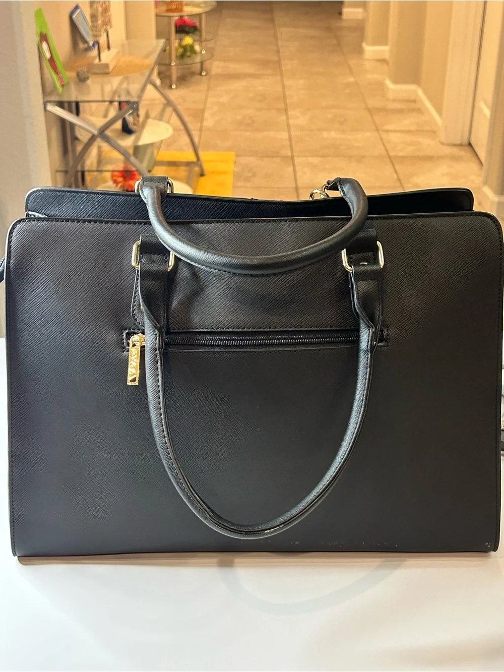 Black-Women's Laptop Tote Bag with Bow Charm - Sleek Professional Work Bag