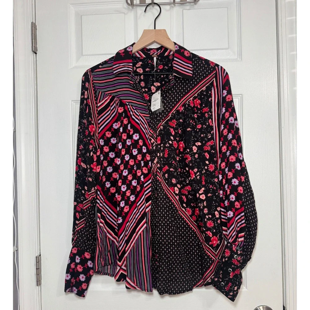 NWT Free People Hazel Womens Floral Stripe Mixed Print Button Down Blouse Small