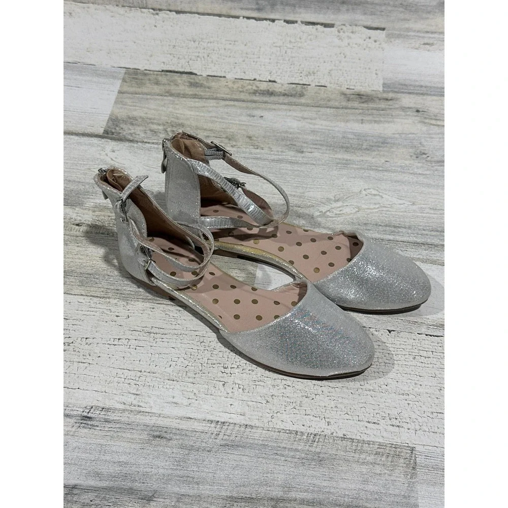 Nerteo Glitter Flats Girls Size 3 Silver Ankle Strap Princesscore EUC