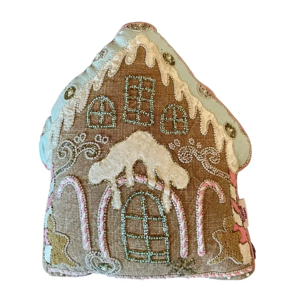 Sugarplum Dreams Christmas Gingerbread House Throw Pillow 17x15 Beaded NEW