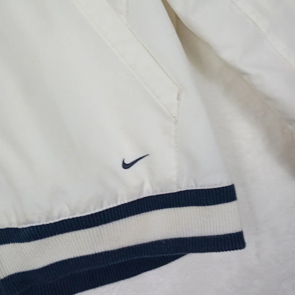 Nike Windbreaker Jacket White Navy Blue‎ Striped Trim Full Zip Hooded Mens S