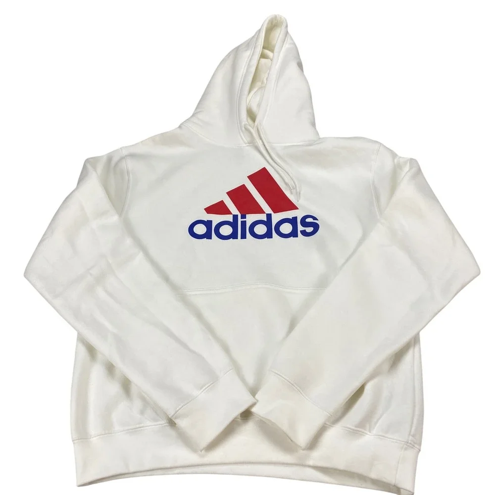 Adidas Mens‎ Essentials Fleece Logo Hoodie White Red Blue Pullover Medium
