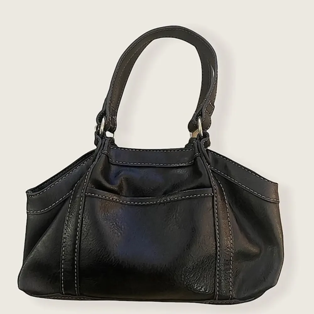 10” Small Liz Claiborne Black Faux Leather Satchel Bag w‎ Contrast Stitching