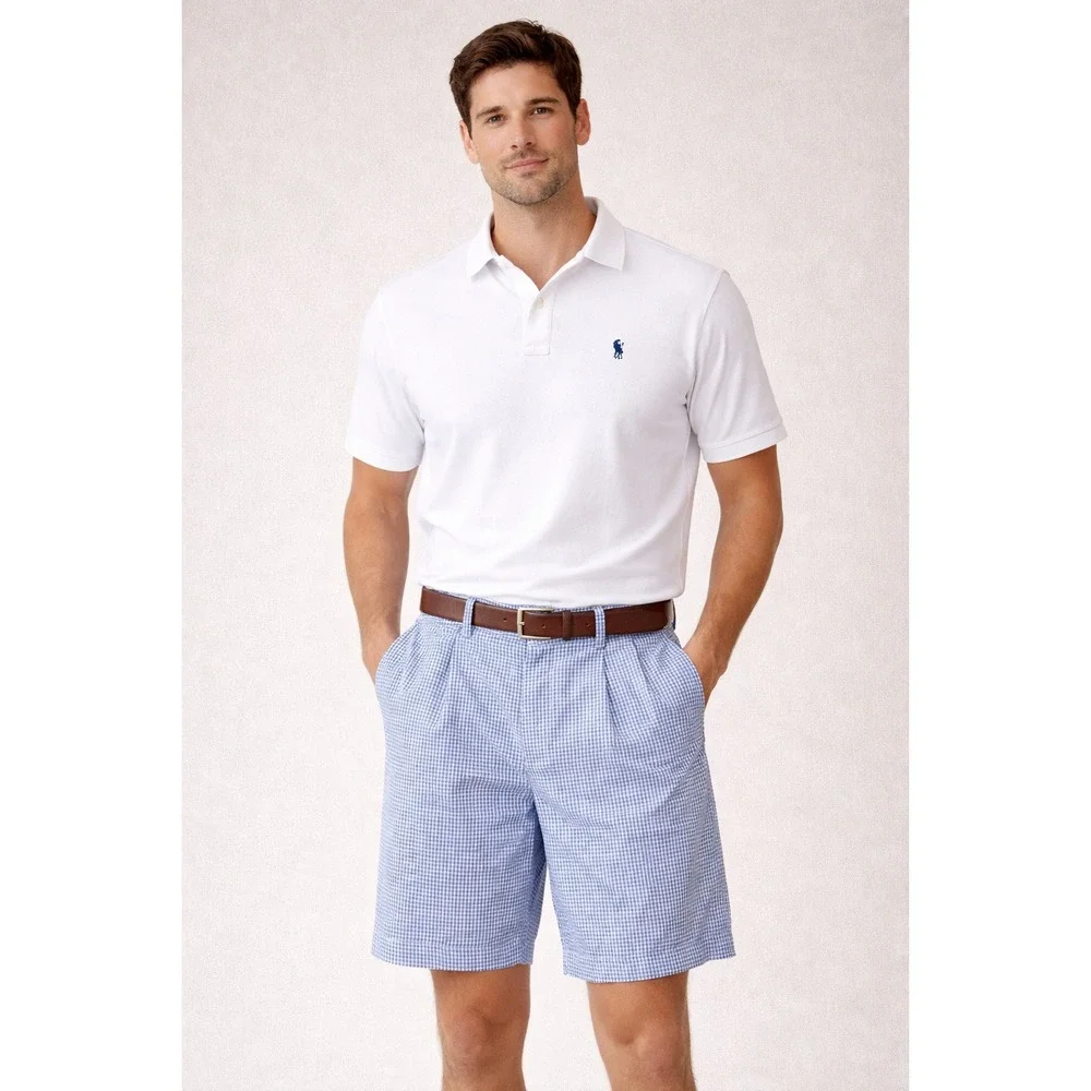 Polo Golf Ralph Lauren Shorts Mens Size‎ 40 Blue Gingham Pleated Cotton Preppy