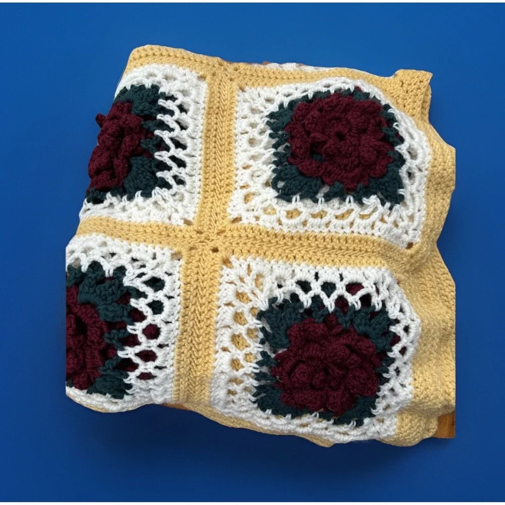 Handmade Crochet Afghan Lap Blanket throw‎ ROSANNE Rosettes Granny Squares
