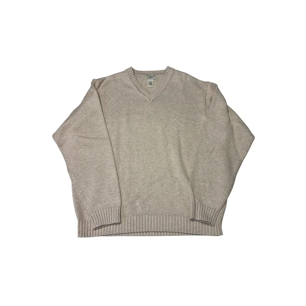 LL Bean Mens V-Neck Sweater‎ Large Beige Oatmeal 100% Cotton Knit Pullover FW82