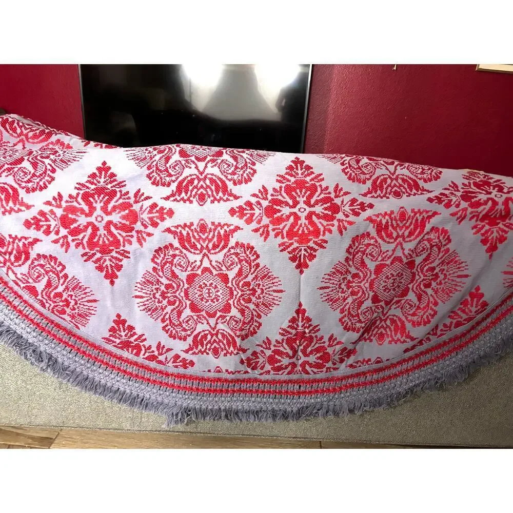 VTG Sears Tapestry Fringe Heavyweight Bedspread USA Made Red‎ Gray 75