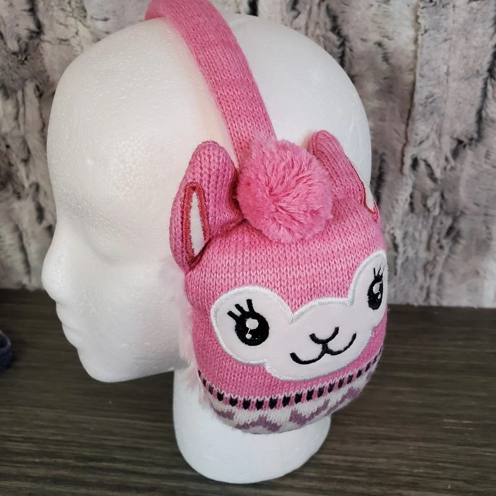 Pink Plush Llama Ear Muff Warmers OSFM Adjustable Knit Winter Accessory