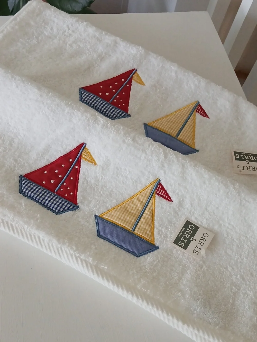 White Red Blue Yellow Gingham Sailboats Terrycloth Hand Towels 19x30
