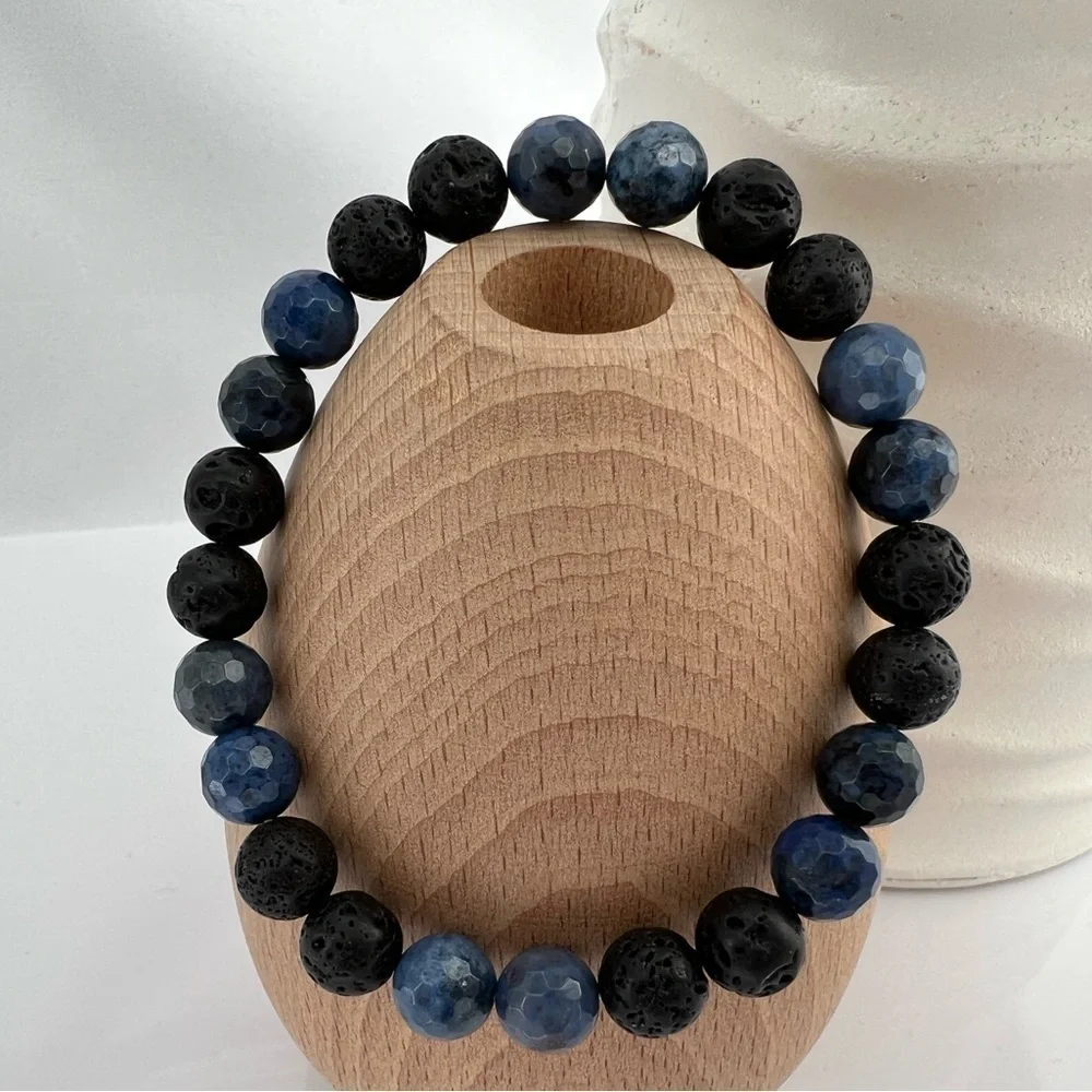 Unisex Blue Dumortierite Quartz and Lava Stone Stretch Beaded Bracelet