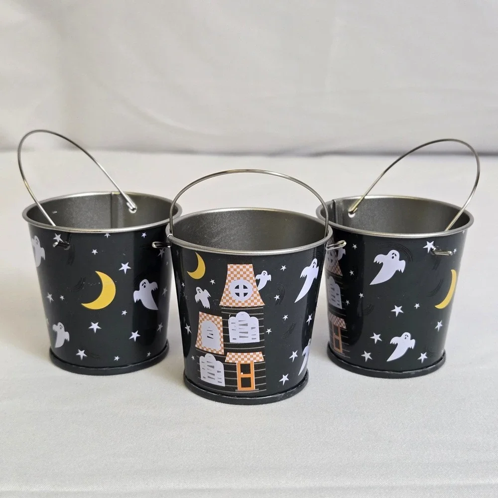 Set of‎ 3 Greenbrier Intl Miniature Halloween Tin Pails Buckets w/ Handles, 2