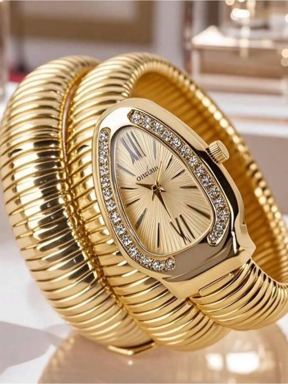 Serpenti Style Gold Snake Crystal Wrap Bracelet Watch