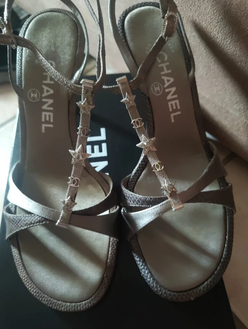 CHANEL satin rhinestone heels/sandals