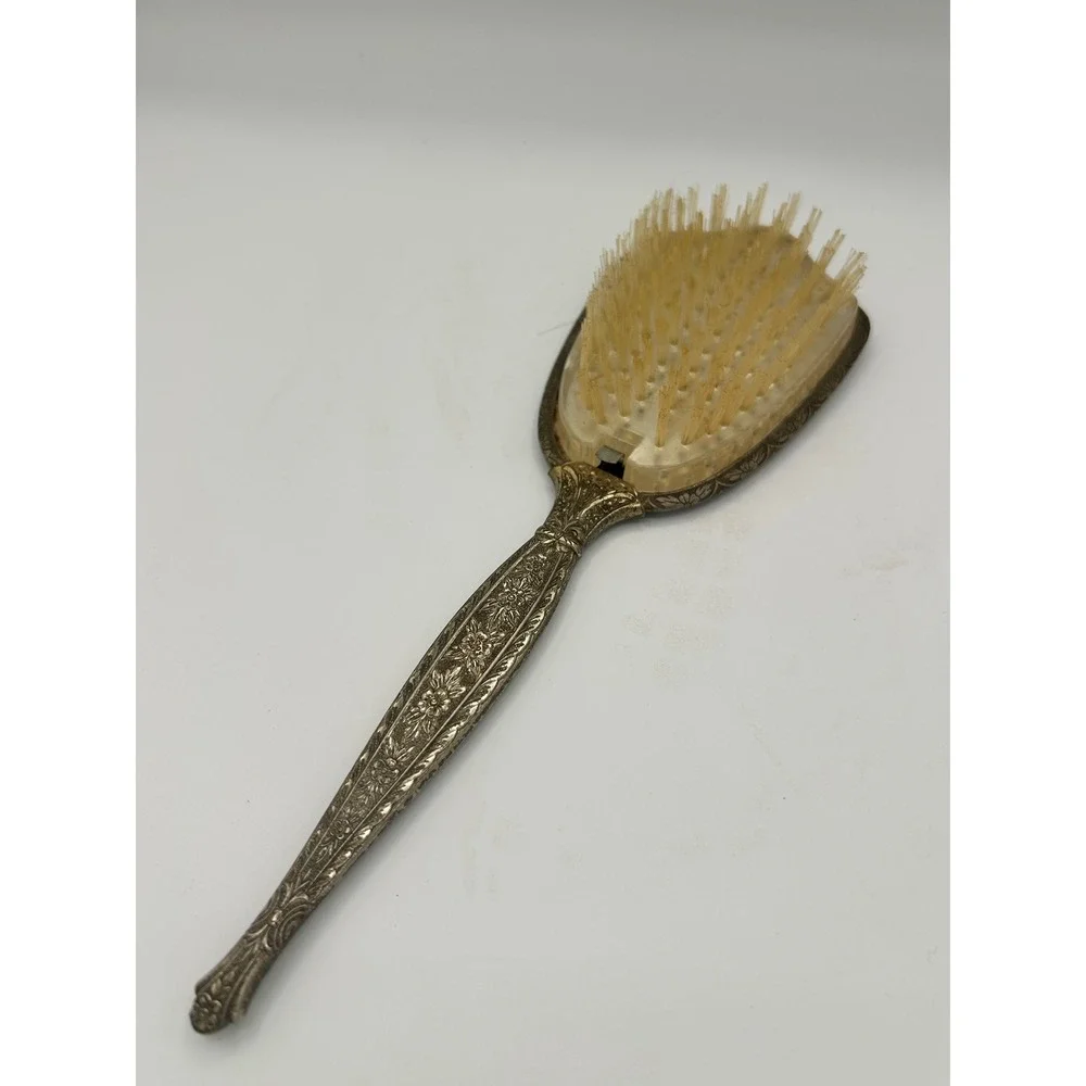 Vintage Ornate Silver Tone Floral Repousse Hair Brush Nylon Bristles Vanity