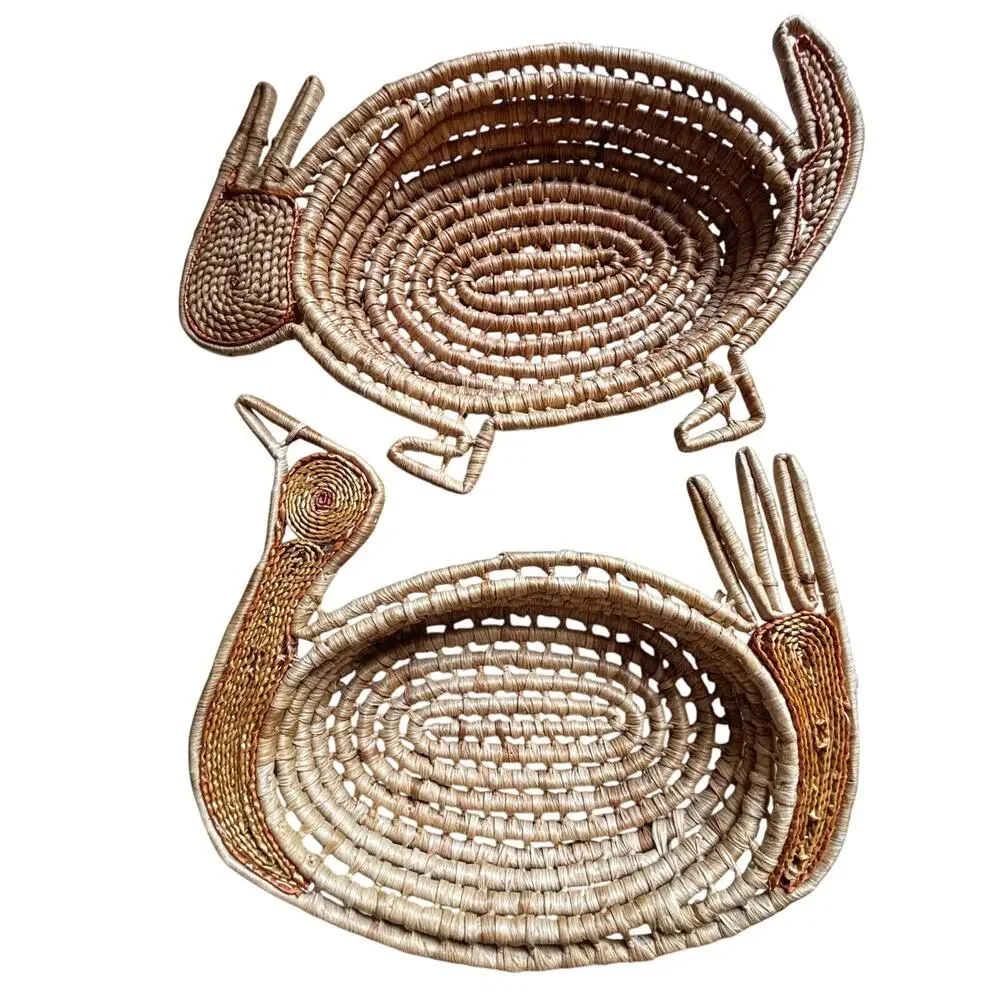 Two Gullah style handmade shaped shallow woven baskets Bunny & Turkey theme