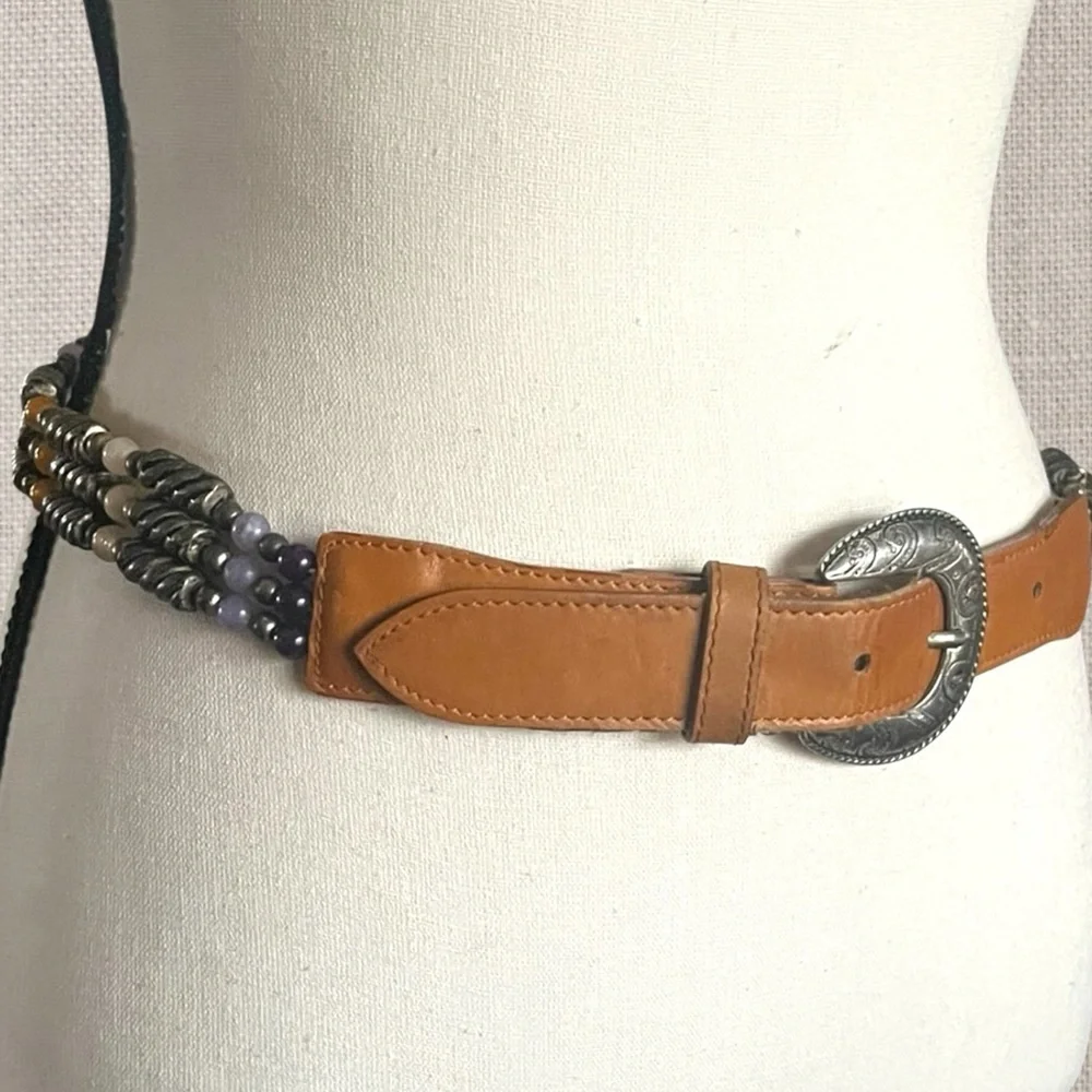 Vtg.Leather belt with western style buckle & multi strand Beaded Embellishments