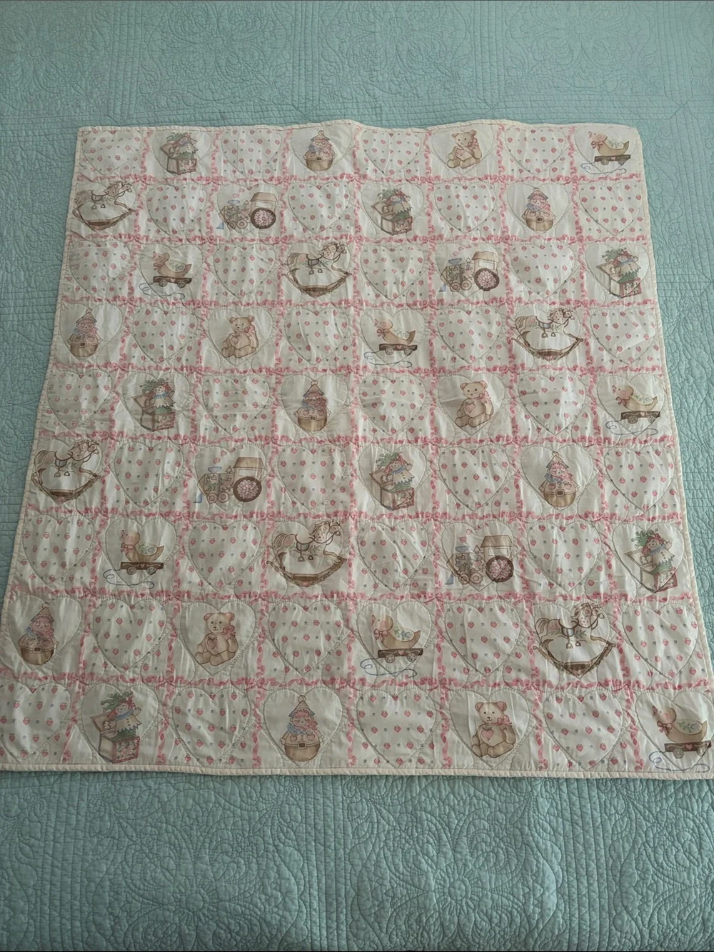 Vintage Pink and Blue Nursery Quilt with Toy Motif