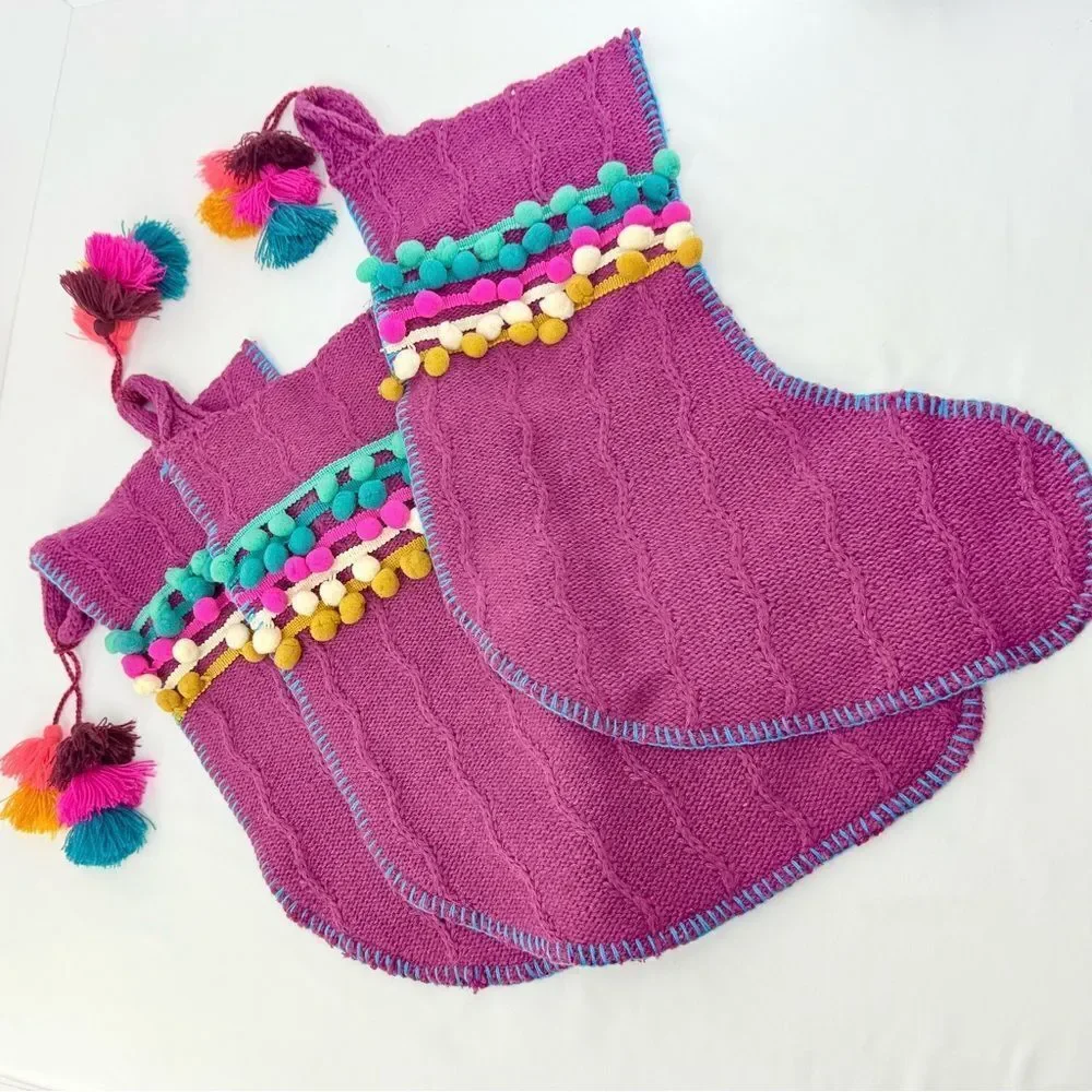 Natural Life Set of 3 Boho Christmas Stockings Purple Cable Knit PomPom Trim