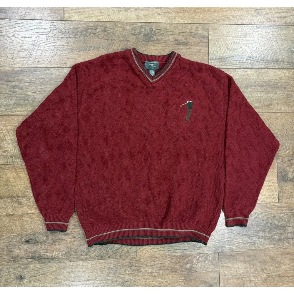 Vintage 90s Haggar Tour Heavy Knit Golf Sweater Embroidered Large Red Made In US