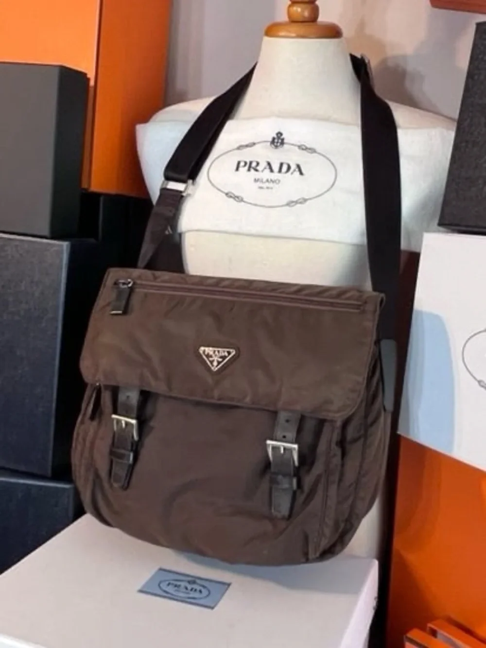Prada Dark Brown Nylon Crossbody Messenger Bag