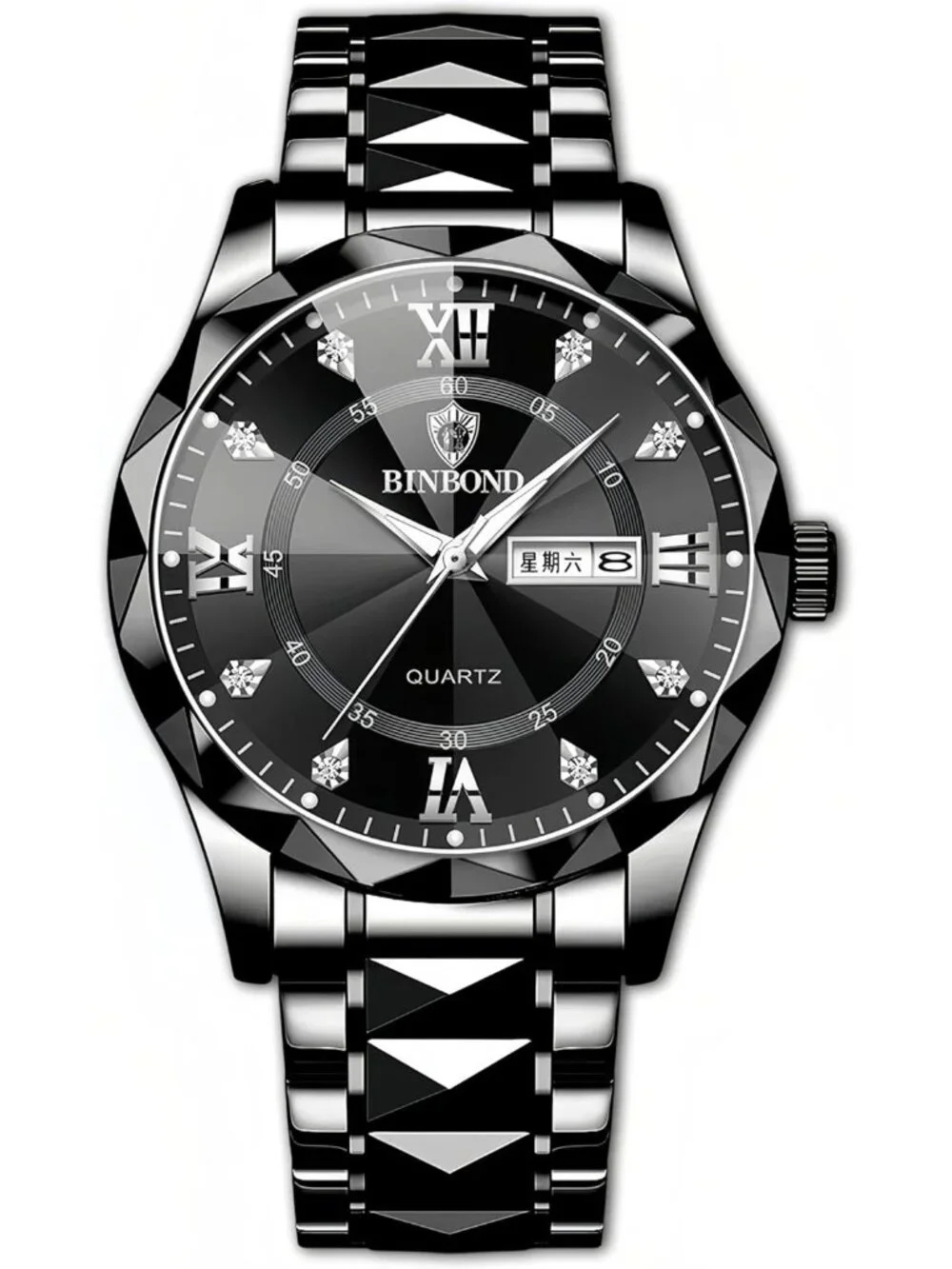 Men's All Black Analog Stainless Steel Roman Numeral Diamond Waterproof Watch